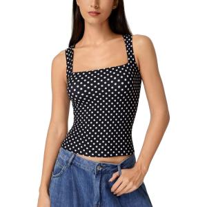 QINSEN Women’s Square Neck Sleeveless Double-Layer Tank Tops Basic Tight T Shirts(Black Polka Dots)