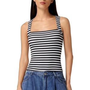 QINSEN Women’s Square Neck Sleeveless Double-Layer Tank Tops Basic Tight T Shirts(Black Stripe)