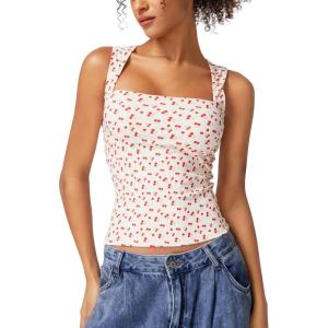QINSEN Women’s Square Neck Sleeveless Double-Layer Tank Tops Basic Tight T Shirts(Cherry Print)