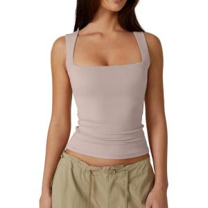 QINSEN Women’s Square Neck Sleeveless Double-Layer Tank Tops Basic Tight T Shirts(Crystal Gray)