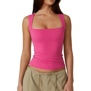 QINSEN Women’s Square Neck Sleeveless Double-Layer Tank Tops Basic Tight T Shirts(Magenta)