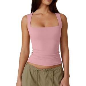 QINSEN Women’s Square Neck Sleeveless Double-Layer Tank Tops Basic Tight T Shirts(Pink)