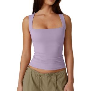 QINSEN Women’s Square Neck Sleeveless Double-Layer Tank Tops Basic Tight T Shirts(Purple)