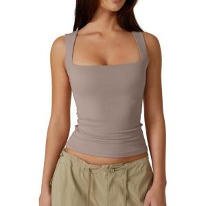 QINSEN Women’s Square Neck Sleeveless Double-Layer Tank Tops Basic Tight T Shirts(Taupe Gray)