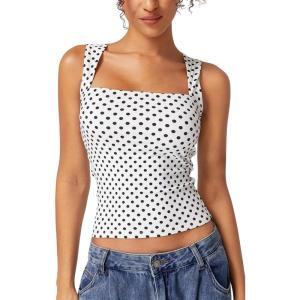 QINSEN Women’s Square Neck Sleeveless Double-Layer Tank Tops Basic Tight T Shirts(White Polka Dots)
