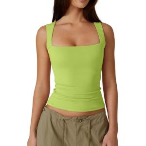 QINSEN Women’s Square Neck Sleeveless Double-Layer Tank Tops Basic Tight T Shirts(Wild Lime)