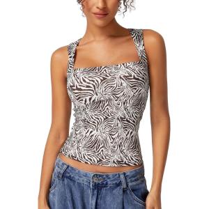 QINSEN Women’s Square Neck Sleeveless Double-Layer Tank Tops Basic Tight T Shirts(Zebra Stripes)
