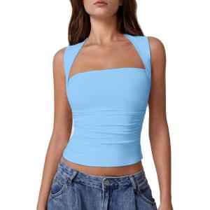 QINSEN Women’s Square Neck Slim Fit Tank Top(Baby Blue)