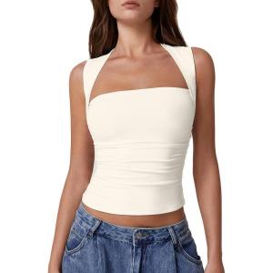 QINSEN Women’s Square Neck Slim Fit Tank Top(Beige)