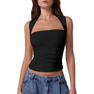 QINSEN Women’s Square Neck Slim Fit Tank Top(Black)