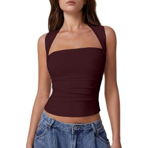 QINSEN Women’s Square Neck Slim Fit Tank Top(Burgundy)