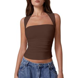 QINSEN Women’s Square Neck Slim Fit Tank Top(Chestnut)