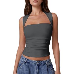 QINSEN Women’s Square Neck Slim Fit Tank Top(Dark Grey)
