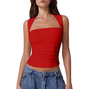 QINSEN Women’s Square Neck Slim Fit Tank Top(Fairy Red)