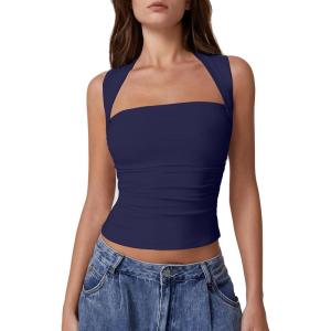 QINSEN Women’s Square Neck Slim Fit Tank Top(Navy)