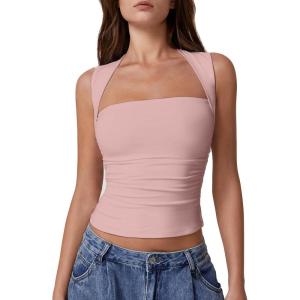 QINSEN Women’s Square Neck Slim Fit Tank Top(Pink)