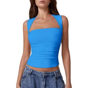 QINSEN Women’s Square Neck Slim Fit Tank Top(Sapphire Blue)