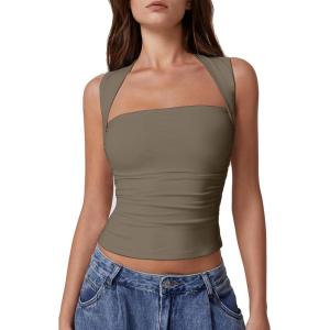 QINSEN Women’s Square Neck Slim Fit Tank Top(Turner Taupe)
