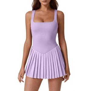 QINSEN Womens Square Neck Tennis Dress Pleated Sleeveless Built in Shorts Golf Athletic Dress with Pockets(Light Purple)