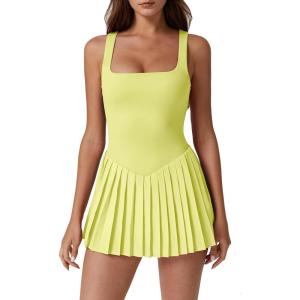 QINSEN Womens Square Neck Tennis Dress Pleated Sleeveless Built in Shorts Golf Athletic Dress with Pockets(Light Yellow)