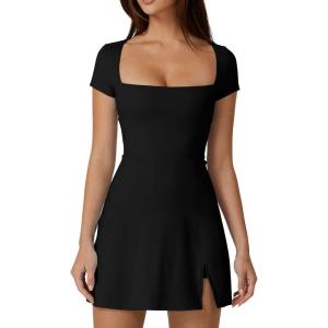 QINSEN Womens Square Neck Tennis Dress Short Sleeve Built in Shorts Golf Athletic Dress with Pockets(Black)