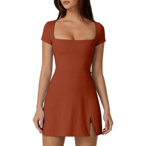 QINSEN Womens Square Neck Tennis Dress Short Sleeve Built in Shorts Golf Athletic Dress with Pockets(Brick Red)