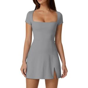 QINSEN Womens Square Neck Tennis Dress Short Sleeve Built in Shorts Golf Athletic Dress with Pockets(Brown(light Grey))