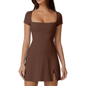 QINSEN Womens Square Neck Tennis Dress Short Sleeve Built in Shorts Golf Athletic Dress with Pockets(Chestnut)