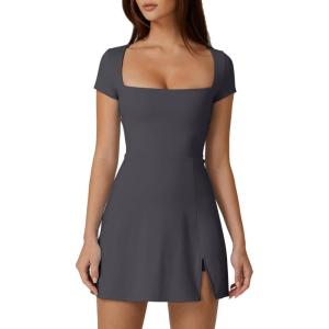 QINSEN Womens Square Neck Tennis Dress Short Sleeve Built in Shorts Golf Athletic Dress with Pockets(Deep Grey)