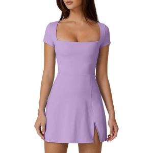 QINSEN Womens Square Neck Tennis Dress Short Sleeve Built in Shorts Golf Athletic Dress with Pockets(Light Purple)