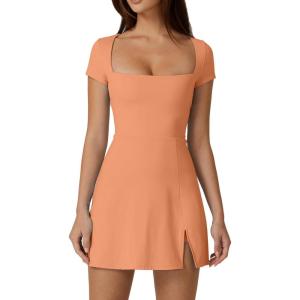 QINSEN Womens Square Neck Tennis Dress Short Sleeve Built in Shorts Golf Athletic Dress with Pockets(Mock Orange)