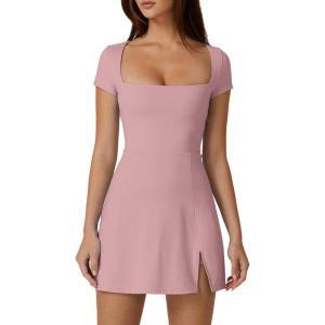 QINSEN Womens Square Neck Tennis Dress Short Sleeve Built in Shorts Golf Athletic Dress with Pockets(Pink)