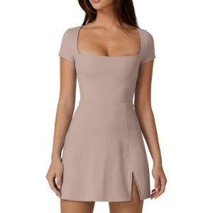 QINSEN Womens Square Neck Tennis Dress Short Sleeve Built in Shorts Golf Athletic Dress with Pockets(Rose Taupe)