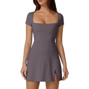 QINSEN Womens Square Neck Tennis Dress Short Sleeve Built in Shorts Golf Athletic Dress with Pockets(Tea Leaf)
