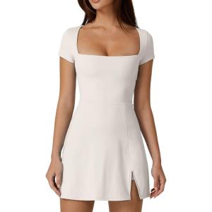 QINSEN Womens Square Neck Tennis Dress Short Sleeve Built in Shorts Golf Athletic Dress with Pockets(White)