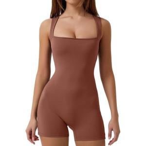 QINSEN Womens Strappy Square Neck Tank Top Tummy Control Bodycon Stretch Shorts Jumpsuit Outfits(Brown)