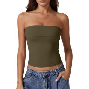 QINSEN Women’s Tube Tops Strapless Bandeau Tops Double Lined Slim Fit Summer Going Out Tank Tops(Army Green)