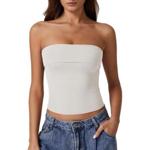 QINSEN Women’s Tube Tops Strapless Bandeau Tops Double Lined Slim Fit Summer Going Out Tank Tops(Beige)