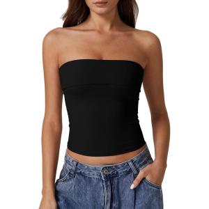 QINSEN Women’s Tube Tops Strapless Bandeau Tops Double Lined Slim Fit Summer Going Out Tank Tops(Black)