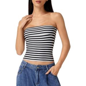 QINSEN Women’s Tube Tops Strapless Bandeau Tops Double Lined Slim Fit Summer Going Out Tank Tops(Black Stripe)
