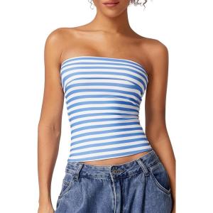 QINSEN Women’s Tube Tops Strapless Bandeau Tops Double Lined Slim Fit Summer Going Out Tank Tops(Blue Stripe)