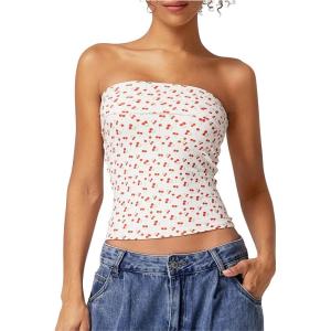 QINSEN Women’s Tube Tops Strapless Bandeau Tops Double Lined Slim Fit Summer Going Out Tank Tops(Cherry)