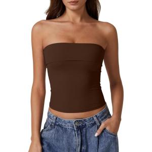 QINSEN Women’s Tube Tops Strapless Bandeau Tops Double Lined Slim Fit Summer Going Out Tank Tops(Coffee Bean)