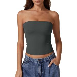 QINSEN Women’s Tube Tops Strapless Bandeau Tops Double Lined Slim Fit Summer Going Out Tank Tops(Dark Green)