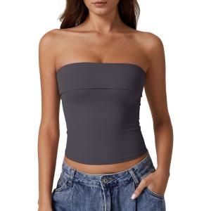 QINSEN Women’s Tube Tops Strapless Bandeau Tops Double Lined Slim Fit Summer Going Out Tank Tops(Dark Grey)