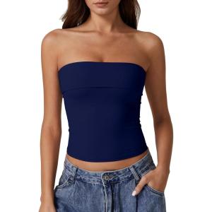 QINSEN Women’s Tube Tops Strapless Bandeau Tops Double Lined Slim Fit Summer Going Out Tank Tops(Estate Blue)