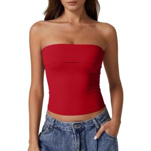 QINSEN Women’s Tube Tops Strapless Bandeau Tops Double Lined Slim Fit Summer Going Out Tank Tops(Fairy Red)