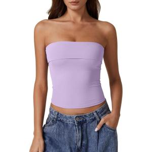 QINSEN Women’s Tube Tops Strapless Bandeau Tops Double Lined Slim Fit Summer Going Out Tank Tops(Lavender)