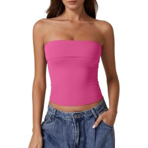 QINSEN Women’s Tube Tops Strapless Bandeau Tops Double Lined Slim Fit Summer Going Out Tank Tops(Magenta)