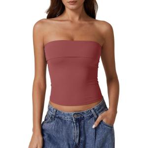 QINSEN Women’s Tube Tops Strapless Bandeau Tops Double Lined Slim Fit Summer Going Out Tank Tops(Merlot)